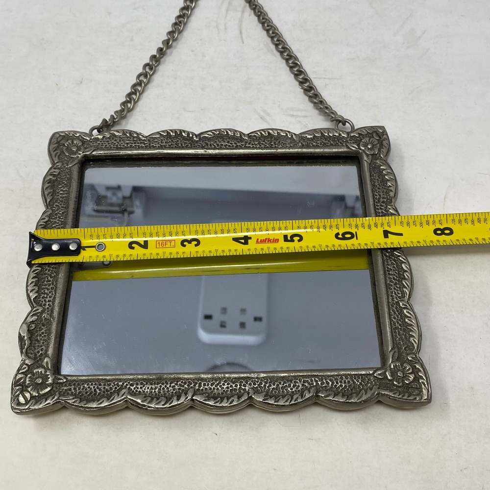 Vintage Silver Tone Ornate Floral Repousse Wall Hanging Mirror with Chain Mount - Picture 4 of 7